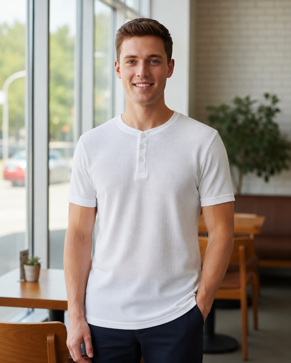 Classic Waffle Henley-White