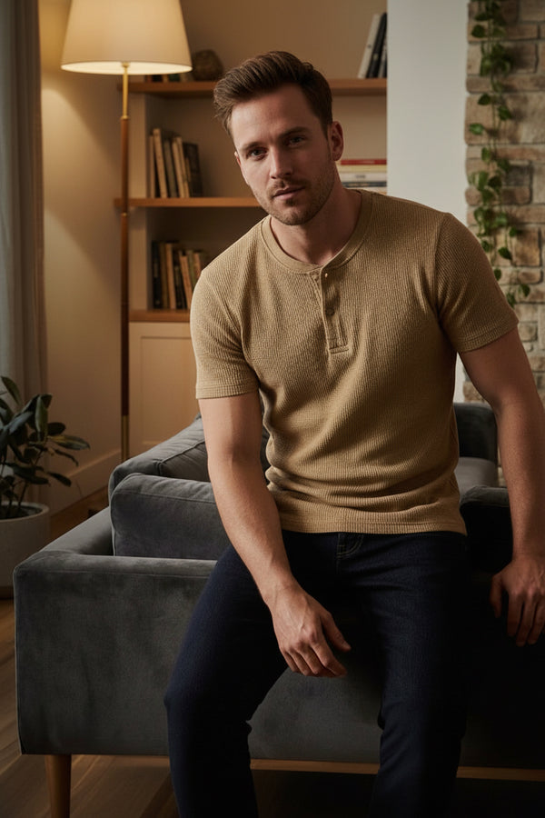 Classic Waffle Henley-Light Brown