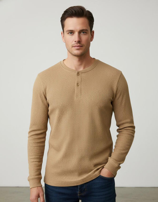Classic Waffle Henley-Light Brown