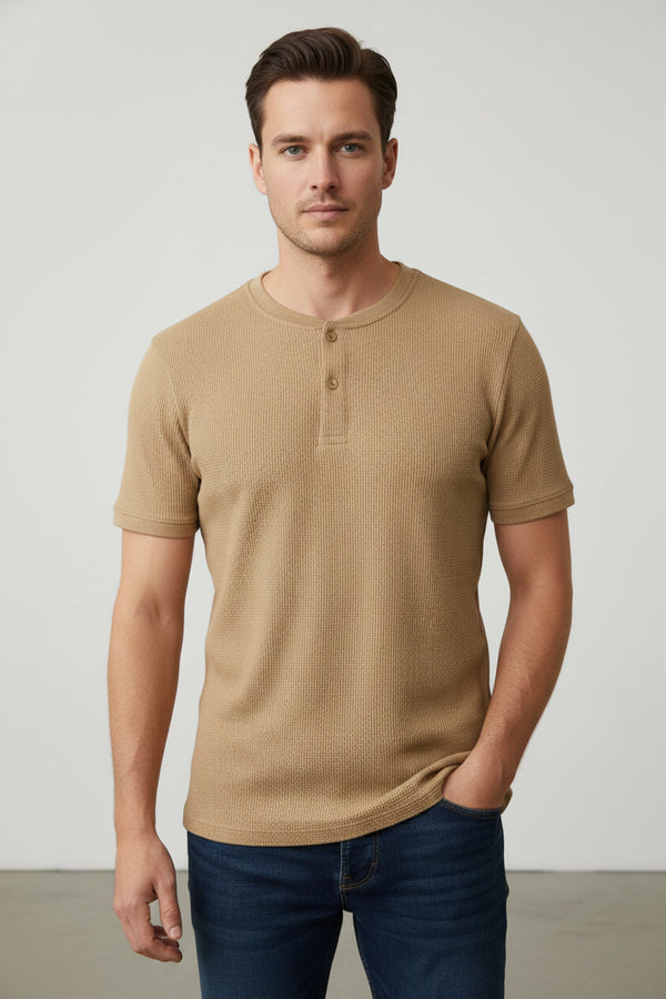 Classic Waffle Henley-Light Brown