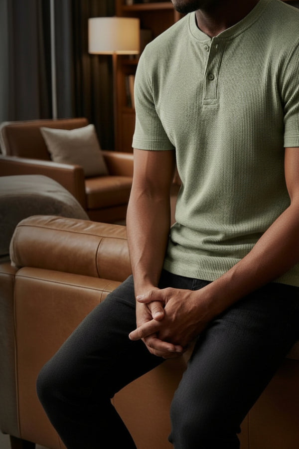 Classic Waffle Henley-Olive Green