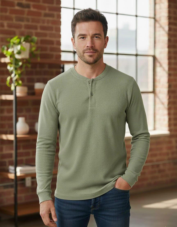 Classic Waffle Henley-Olive Green