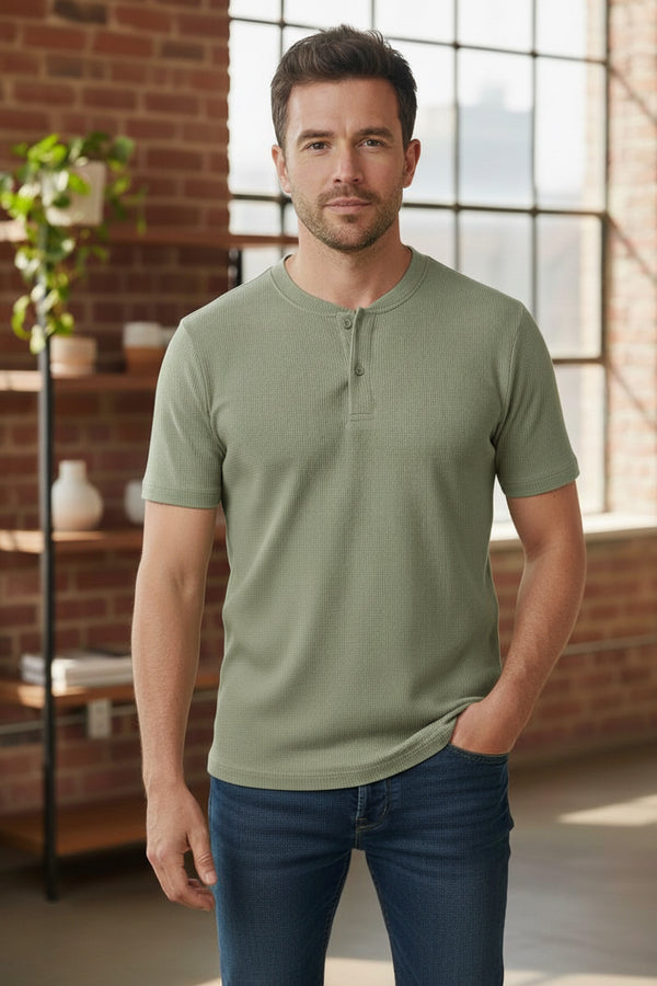Classic Waffle Henley-Olive Green